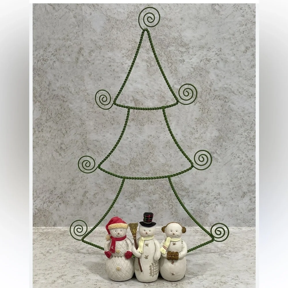 Hallmark Vintage Christmas Card Holder Festive Snowman Trio with Green Wire Tree